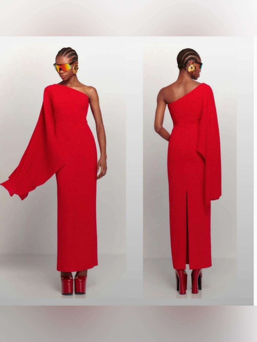 Solace London One-Shoulder Red Draped Column Gown